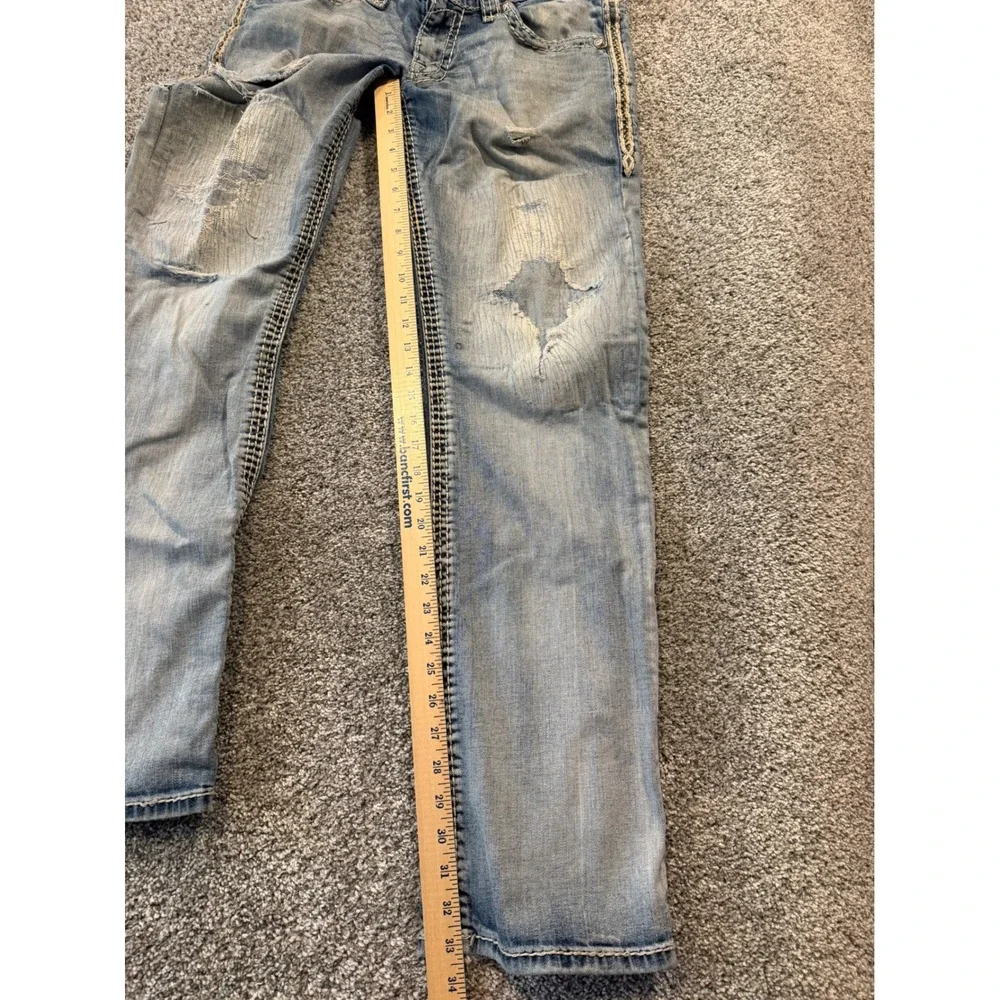 Rock Revival Jeans Men 34 Blue Owen Boot Distressed Ripped Embroidered EP9657BL*